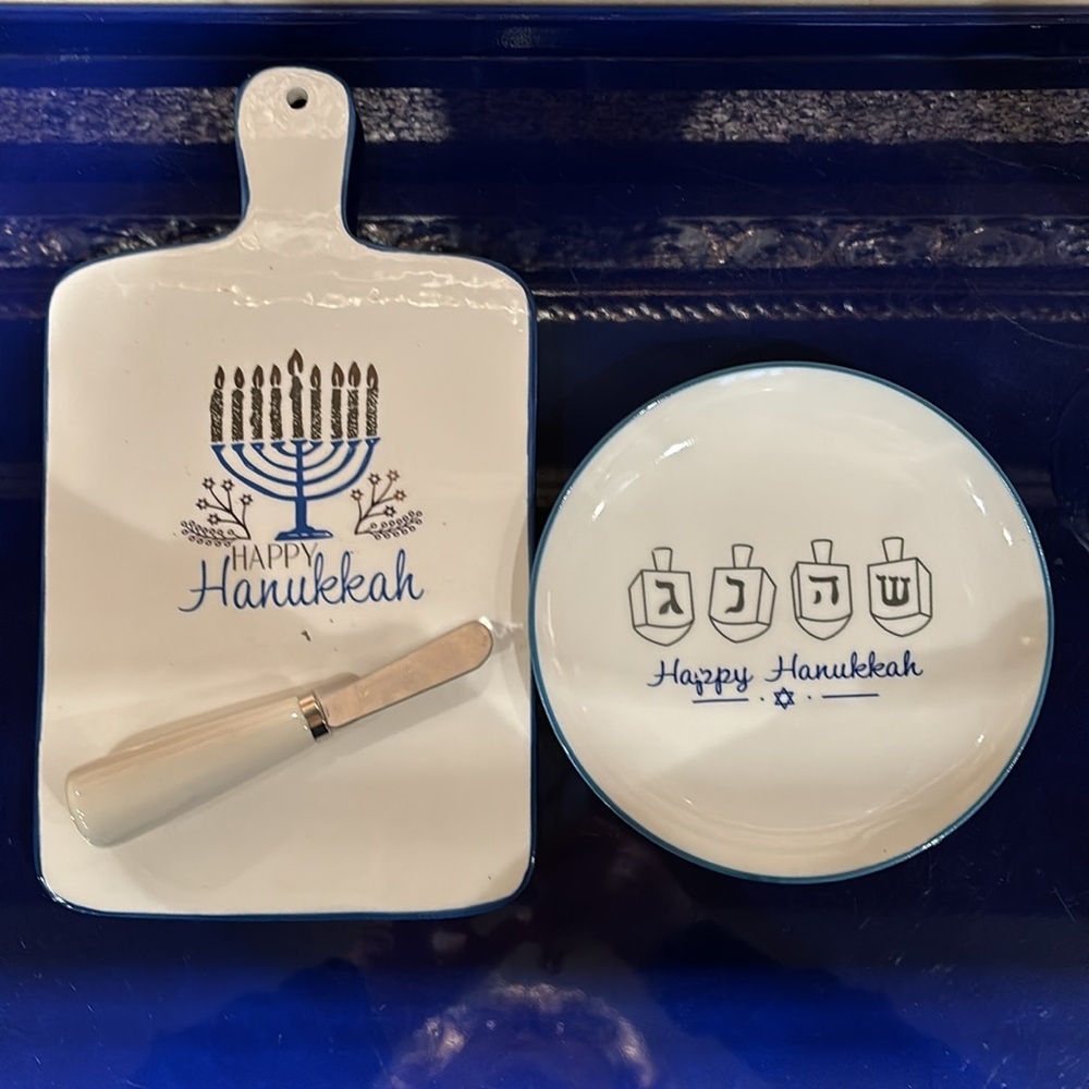 Happy Hanukkah Ceramic Pottery Set: Cheese Board, Cheese Knife, & Round Plate